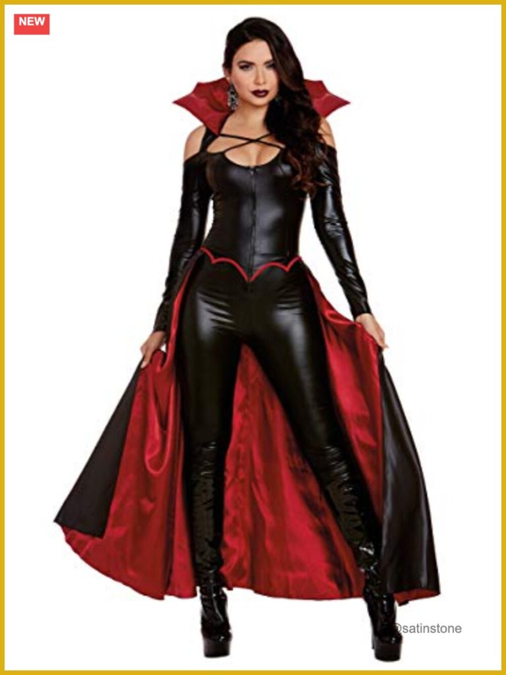 Dreamgirl Women's Gothic Vampire Costume Zip-Front Jumpsuit with Collar & Skirt